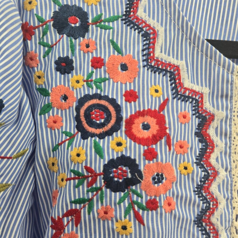 Jennifer & Grace Blue White Striped Embroidered Lace Short Sleeved Blouse 1x - Picture 4 of 8